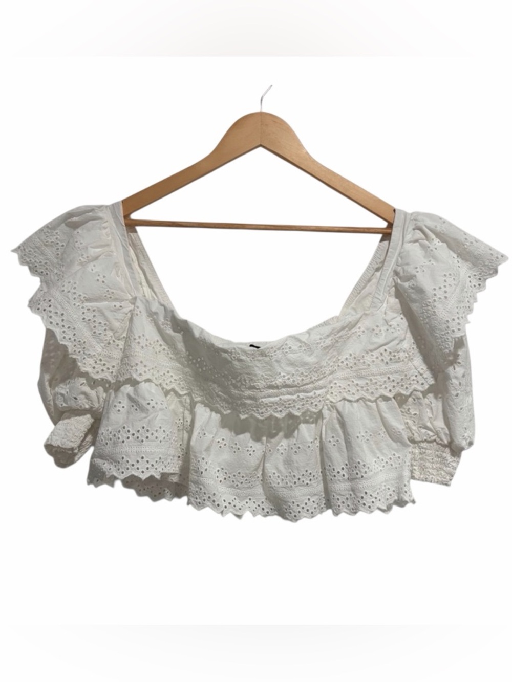 Zara White Eyelet Ruffle Crop Top Cotton Shirred Sleeve Hem